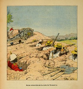 Krigen på Madagaskar-Anekdotisk historie om de franske ekspedisjonene 1885-1895 av Henri Galli dit Galllichet (1854-1922), illustrert av Louis Bombled (1862-1927): Hovas-troppens skyttergraver på veien til Tannarive i 1895, privat samling av Louis Charles Bombled
