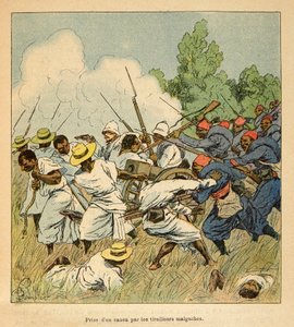Krigen på Madagaskar - Anekdotisk historie om de franske ekspedisjonene 1885-1895 av Henri Galli dit Galllichet (1854-1922), illustrert av Louis Bombled (1862-1927): Malagasy grep en kanon under Ambolomonty-slagene i 1895, privat samling av Louis Charles Bombled