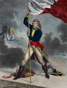 Napoleon Bonaparte under slaget ved Arcole-broen (Arcola), november 1796 - Buonaparte General en Chief of the Armee of Italy plantet et flagg på Arcole-broen i 1796 - gravering av Louis Charles Ruotte