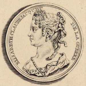 Portrett av komponisten Elisabeth Claude Jacquet de La Guerre 1665-1729. av Louis Crepy