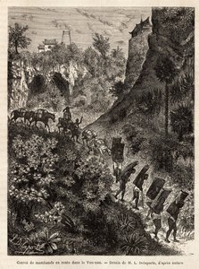 En konvoi av kjøpmenn og deres bærere på vei til Yunnan (Kina), gravert etter tegningen av L.Delaporte, for å illustrere utforskningsreisen i Indokina av Francis Garnier, skipsløytnant, i 1866-1868, publisert i "" Le tour du monde»» 187 av Louis Delaporte