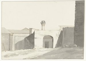 Antike zuil en bygninger i havn av Brindisi Fjernsyn av den antikke søylen [på havnen i Brindisi] Reiser i Italia, Sicilia og Malta - 1778 (serietittel) av Louis Ducros
