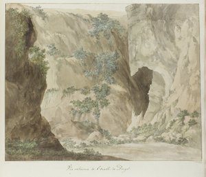 Buitenwand van de grot Øre av Dionysius Utvendig visning av øret til Dionysius (tittel på objekt) Reiser i Italia, Sicilia og Malta - 1778 (serietittel) av Louis Ducros