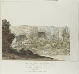 Gedeelte van Latomies hule ved Syracuse En del av Latomies of Syracuse (tittel på objekt) Reiser i Italia, Sicilia og Malta - 1778 (serietittel) av Louis Ducros