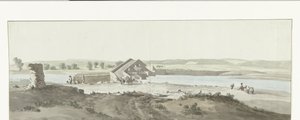 Gezicht op Canosa-broen over Ofanto-elven i Puglia Utsikt over Pont de Canosa over Ofanto (Aufidus) (tittel på objekt) Reise til Italia, Sicilia og Malta - 1778 (serietittel) av Louis Ducros