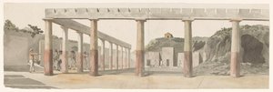 Utsikt over romerske brakker og søylegang i Pompeii Vue des Casernes Romaines & de la Colonnade de Pompeja (tittel på objekt) Voyage en Italy, og Sicile et à Malte - 1778 (serietittel) av Louis Ducros