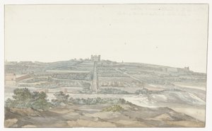 Utsikt over Stormesterens Vedala-palass, som ligger i Boschetto på Malta Vue de Boschetto, maison de plaisance du Grand-Maître, à 2 lieus de la ville de Malthe (tittel på objekt) Voyage en Italy, og Sicile et à Malte - 1778 (serietittel) av Louis Ducros