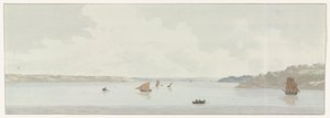 Se en del av Mare Piccolo Utsikt over en del av Mare Piccolo, hvor var stedet for den gamle broen, munningen til Galesus (tittel på objekt) Reiser i Italia, Sicilia og Malta - 1778 (serietittel) av Louis Ducros