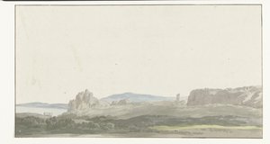 Se en rots av Golf van Tarente i nærheten av Gallipoli Utsikt fra en stein ved Taranto-bukten i nærheten av Gallipoli (tittel på objekt) Reiser i Italia, Sicilia og Malta - 1778 (serietittel) av Louis Ducros