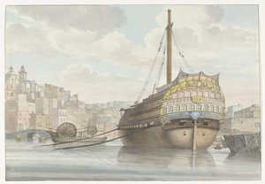 Gezicht op haven met galei schip vlakbij de werf Vue du fond du Port des Galères à Malthe, prise du chantier (title on object) Voyage en Italie, en Sicile et à Malte - 1778 (series title)   1387435   no       norwegian Successfully Translated  Original: [B av Louis Ducros