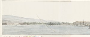Utsikt over havn fra Messina og bergen fra Calabrië fra kade Utsikt over havnen i Messina og fjellene i Calabria, tatt fra kaien (tittel på objekt) Reiser i Italia, Sicilia og Malta - 1778 (serietittel) av Louis Ducros