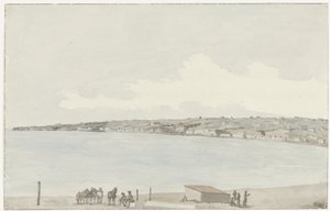 Utsikt over Pausilype-neset med det gamle palasset til dronning Jeanne og landskapet i Sannazar fra balkongen på vertshuset Vue du Promontoire de Pausilype, pris du balcon de notre auberge où se trouvent l'ancien Palais de la Reine Jeanne, le Ca