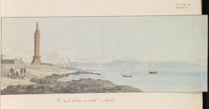 Utsikt over fyret ved havnehodet i Napoli Vue de la Lanterne du Mole à Napoli (tittel på objekt) Voyage en Italy, og Sicile et à Malte - 1778 (serietittel) av Louis Ducros