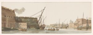 Gezicht op werf in haven van galei schepen te Malta Vue du chantier dans le port des Galères à Malte (title on object) Voyage en Italie, en Sicile et à Malte - 1778 (series title)   1385513   no       norwegian Successfully Translated  Original: Market in  av Louis Ducros