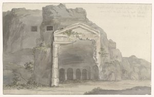 Graver med fasade i dorisk stil hugget inn i fjellet nær Syracuse Voyage en Italy, og Sicile et à Malte - 1778 (serietittel) av Louis Ducros