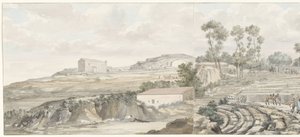 Interiør møtte trappen van-teateret i Syracuse Utsikt over interiøret og tribunen til Syracuse Theatre (tittel på objekt) Reiser i Italia, Sicilia og Malta - 1778 (serietittel)