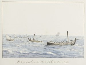 Koraalvissers for de kust av Sicilië ter høyde av Terra Nuova Korallfiske på kysten av Sicilia mot Terra Nuova (tittel på objekt) Reiser i Italia, Sicilia og Malta - 1778 (serietittel) av Louis Ducros