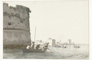 Mosselvissers op Mare Piccolo ved de vestingwerken av Taranto Fiske etter blåskjell i Mare piccolo i Taranto sett fra hjørnet av Citadel (tittel på objekt) Reiser i Italia, Sicilia og Malta - 1778 (serietittel)