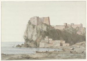 Rots en stad Scilla in de regio Calabrië aan de westkust Rocher & Ville de Scilla en Calabre; vue prise du côté du couchant (title on object) Voyage en Italie, en Sicile et à Malte - 1778 (series title)   1385413   no       norwegian Successfully Translate