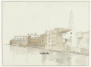Stadsutsikt i Bari fra et rom i herberget Utsikt over et punkt i byen Bari, tatt fra et vindu på vandrerhjemmet vårt (tittel på objekt) Reiser i Italia, Sicilia og Malta - 1778 (serietittel) av Louis Ducros
