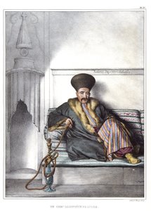 En gresk logoet av Livadie. i "" Reisen til Athen og Konstantinopel, eller samling av greske og osmanske portretter, utsikter og kostymer, malt på steder etter naturen, litografier og farger av Louis Dupre (1789-1837), elev av David.1825. av Louis Dupré
