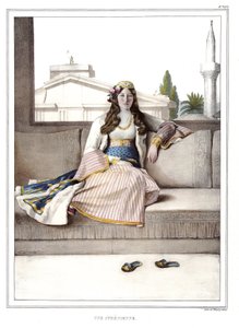 En athener. i "" Reisen til Athen og Konstantinopel, eller samling av greske og ottomanske portretter, utsikter og kostymer, malt på steder av etter naturen, litografier og farger av Louis Dupre (1789-1837), elev av David.1825. av Louis Dupré
