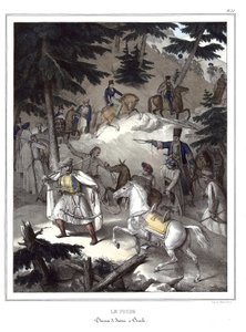 Le Pinde, traversee de Janina a Tricala. i "" Reisen til Athen og Konstantinopel, eller samling av greske og osmanske portretter, utsikter og kostymer, malt på steder etter naturen, litografier og farger av Louis Dupre (1789-1837), elev av David.1825 av Louis Dupré