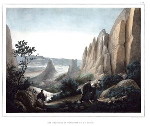 Les meteores de Thessalie et le Pinde (landskap av klipper og steiner). i "" Reise til Athen og Konstantinopel, eller samling av greske og ottomanske portretter, utsikt og kostymer, malt på steder av etter naturen, litografier og farger av Louis Dupre av Louis Dupré