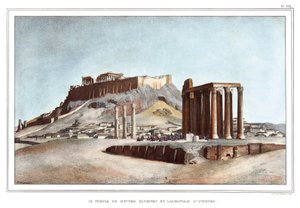 Templet til Olympian Jupiter og Akropolis i Athen. i "" Reisen til Athen og Konstantinopel, eller samling av greske og osmanske portretter, utsikter og kostymer, malt på steder i naturen, litografier og farger av Louis Dupre (1789-1837), pu av Louis Dupré