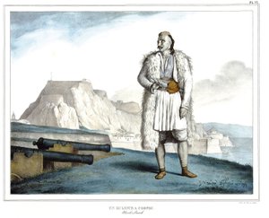 En Suliote på Korfu, Nicolo Pervoli, i "" Reisen til Athen og Konstantinopel, eller samling av greske og osmanske portretter, utsikter og kostymer, malt på steder etter naturen, litografier og farger av Louis Dupre (1789-1837), elev av David .1825. av Louis Dupré