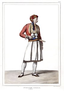 En albansk slakter i Athen. i "" Reisen til Athen og Konstantinopel, eller samling av greske og ottomanske portretter, utsikter og kostymer, malt på steder i naturen, litografier og farger av Louis Dupre (1789-1837), elev av David.1825. av Louis Dupré