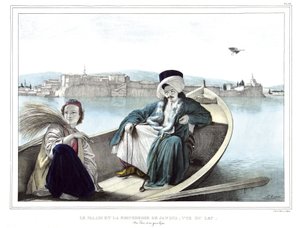 Janina-palasset og festningen, sett fra innsjøen. En tyrker og en ung greker. i "" Reise til Athen og Konstantinopel, eller samling av greske og osmanske portretter, utsikt og kostymer, malt på steder etter naturen, litografier og fargetoner av L av Louis Dupré