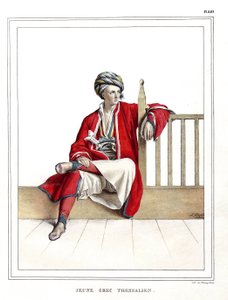 Ung gresk tessalier. i "" Reisen til Athen og Konstantinopel, eller samling av greske og osmanske portretter, utsikter og kostymer, malt på steder etter naturen, litografier og fargetoner av Louis Dupre (1789-1837), elev av David.1825. av Louis Dupré