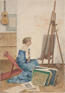 Et malerstudio med en modell pakket inn i japansk silke