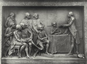 Antoine Laurent Lavoisier (1743-94) forklarer sin analyse av luft til kollegene sine (bronse) (s/hv-bilde)