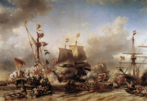Anglo-nederlandsk krig: "" Embarkment of Dutch Admiral Michel Adrien Ruyter (1607-1676) and William de Witt for the Battle of Texel"" Maleri av Louis Gabriel Eugene Isabey (1803-1886) Toulon fra 1800-tallet, marinemuseum
