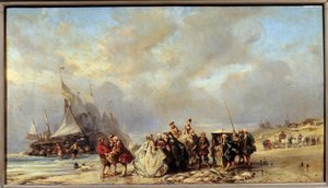 Lords on the beach of scheveningue kjøper fisk (1700-tallet). Maleri av Louis Gabriel Eugene Isabey (1803-1886)