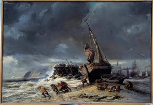 Maree basse, drar for å fiske Maleri av Louis Eugene Isabey (1803-1886) Le Havre fra 1800-tallet, Musee des Beaux Arts