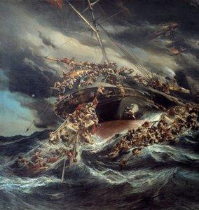 Brannen av dampbåten Østerrike Scene forliset av et skip passasjerene prøver å unnslippe på båtene i det demonterte havet. Detalj. Maleri av Eugene Isabey (1803-1886)