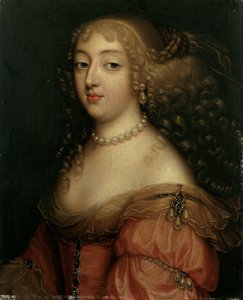 Portrait of a Lady, sies å være Laura Mancini, Duchesse de Mercoeur, bystelengde, i en rød kjole, med perlekjede og øredobber