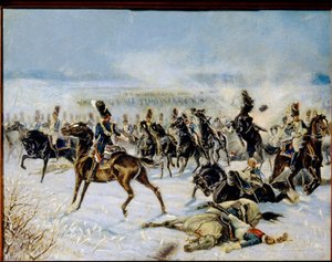 Slaget ved Eylau, 20. februar 1807. (Slaget ved Preussisch Eylau 8. februar 1807). Militær konfrontasjon mellom den franske Grande Armee av Napoleon I (1769-1821) og det russiske imperiet. Verk av Louis Ferdinand Malespina (1874-1940), olje på ca av Louis Ferdinand Malespina