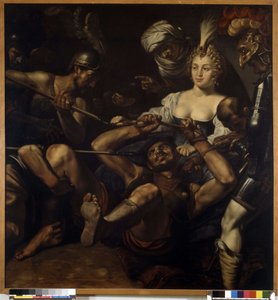 Samson og Dalila: Samson mister styrke når Dalila klipper håret (olje på lerret)