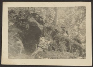 [Kvinne på steiner i skogen] av Louis Fleckenstein