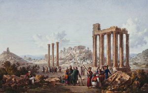 En utsikt over Akropolis, Athen, fra Zeus-tempelet ved Olympia, ca. 1786-87 av Louis Francois Cassas