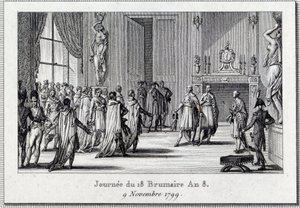 Konsulat: "" Napoleon Bonaparte (1769-1821) på møtet til Saint Cloud på den 18 brumaire (9/11/1799)" Statskuppet av de 18 brumaire av Napoleon Bonaparte ved Council of Five Cents (Five Cents) ) (rom på 500), beskyttet av grenaderer, avslutter D av Louis Francois Couche