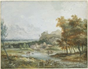 Italiensk landskap med båtfest