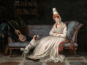 Portrett av Elizabeth, Lady Webster, senere Lady Holland, i en hvit kjole med sin spaniel Pierrot, ca. 1795