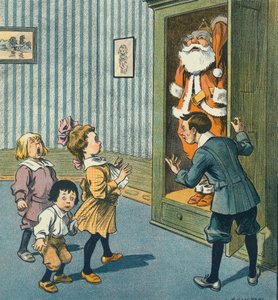 Julenissen oppdaget i skapet, 1900-tallet (trykk)