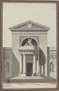 Fasade for en kirke med en skulptur som representerer tro av Louis Gustave Taraval