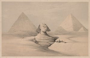 Egypt og Nubia: bind I - nr. 18, Den store sfinksen, Pyramidene i Gizeh, sett forfra, 1839. av Louis Haghe